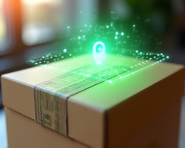 Close-up of a delivery package with a digital tracking overlay