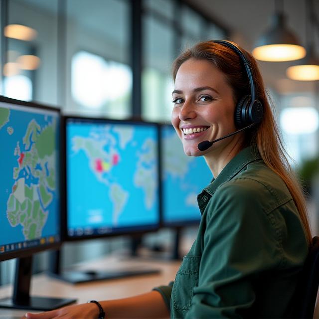 Friendly logistics dispatcher coordinating freight routes in a bright modern office