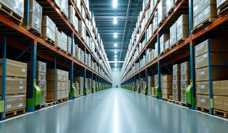 Wide interior of a modern, brightly lit logistics warehouse